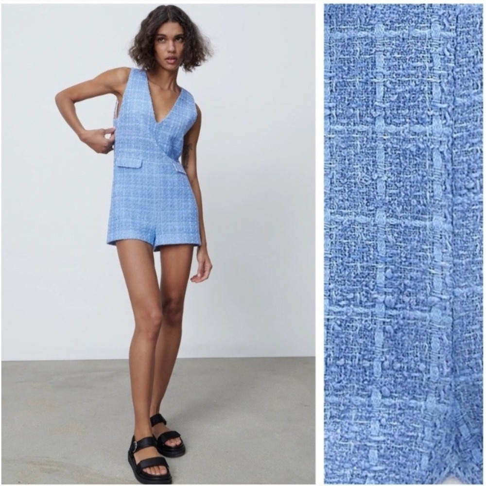 ZARA Blue Tweed Textured Romper‎ Jumpsuit Sleeveless V-Neck Zip Back Medium NWT